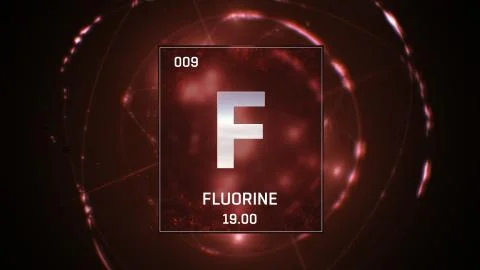Fluorine as Element 9 of the Periodic Table 3D animation on red background Stock Illustration