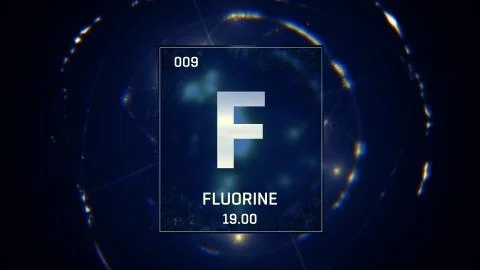 Fluorine as Element 9 of the Periodic Table 3D animation on blue background Stock Illustration