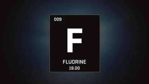 Fluorine as Element 9 of the Periodic Table 3D animation on grey background Stock Illustration