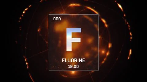 Fluorine as Element 9 of the Periodic Table 3D animation on orange background Stock Illustration
