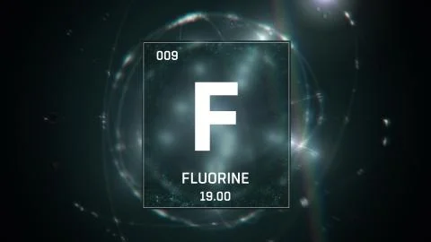 Fluorine as Element 9 of the Periodic Table 3D animation on green background Stock Illustration