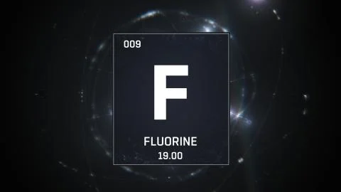 Fluorine as Element 9 of the Periodic Table 3D animation on silver background Stock Illustration