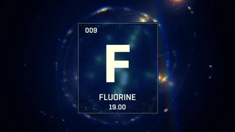 Fluorine as Element 9 of the Periodic Table 3D animation on blue background Stock Illustration