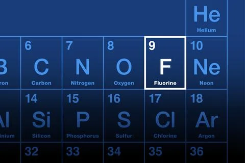 Fluorine element on the periodic table, halogen with symbol F Stock Illustration