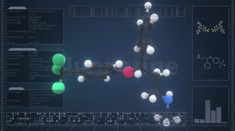 Fluoxetine molecule with description on the computer screen, 3d rendering Stock Illustration