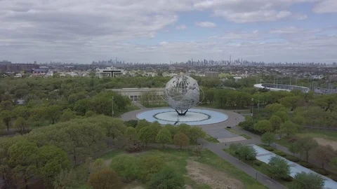Flushing Meadows Globe with the Skyline in the Background Stock Footage 75625053