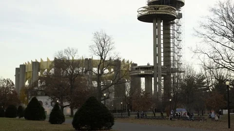Flushing Meadows Park in Queens. Abandoned World fair pavilion Stock Footage 200799478