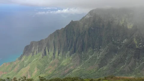 Fluted green cliffs of the Na Pali Coast on Kauai Stock-Footage 96047013
