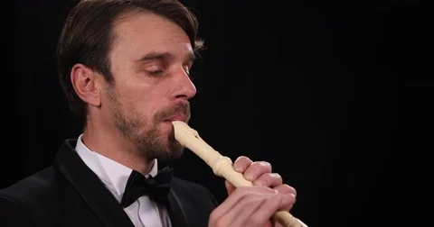 Flutist Man Singing Orchestral Instrument Recorder Flute Symphonic Music Concept Stock Footage