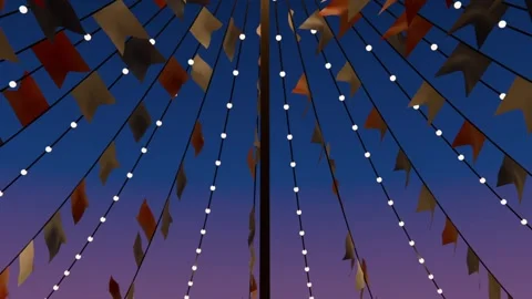 Fluttering central pole strings, pennant flags swaying at dusk fair in breeze, Stock Footage 339722068