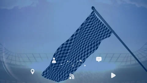 Fluttering checkered flag sparking icon fading user-pin RSS play chat toggling Video stock 311083757