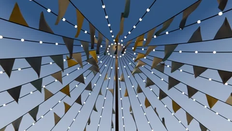 Fluttering flags on canopy of pole as gusts moving radial lights, camera pulling Stock Footage 339722050