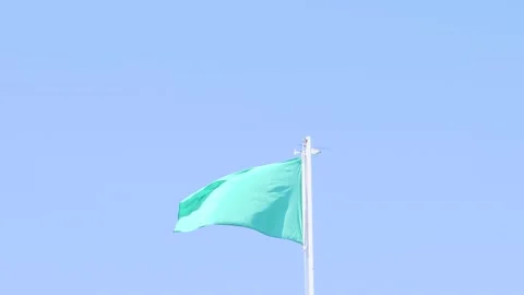 A Fluttering Green Flag Waves Gracefully Against a Clear Blue Sky Stock Footage 316523568