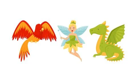 Fluttering Pixie and Phoenix Bird as Mythological and Fairy Creature Vector Set Illustrazione stock