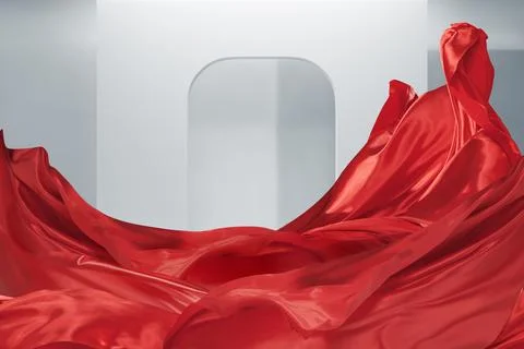 Fluttering red silk textile clothes  isolated over abstract white architectur Stock Illustration