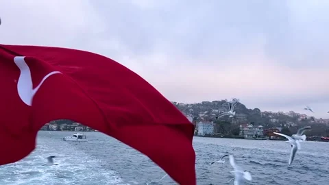 The fluttering of the Turkish flag against the backdrop of the Bosphorus Vídeos de archivo 201152954