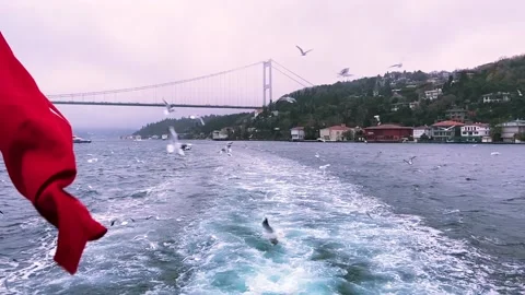 The fluttering of the Turkish flag against the backdrop of the Bosphorus Vídeo Stock 201890455