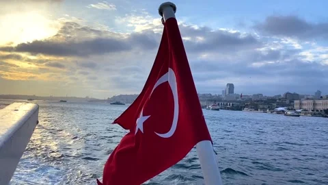 The fluttering of the Turkish flag against the backdrop of the Bosphorus.Turkish Stock Footage 218302808