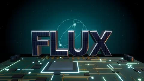 FLUX 3D Text with an Atomic Orbit on a Circuit Board Stock Illustration