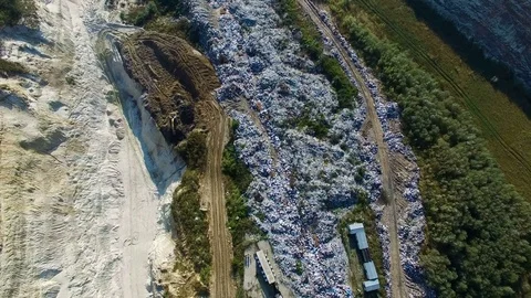 Fly about garbage dump. Excavator working on the ground Video stock 80984370