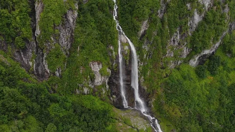 Fly above big waterfall with two flows Stock Footage 111779247