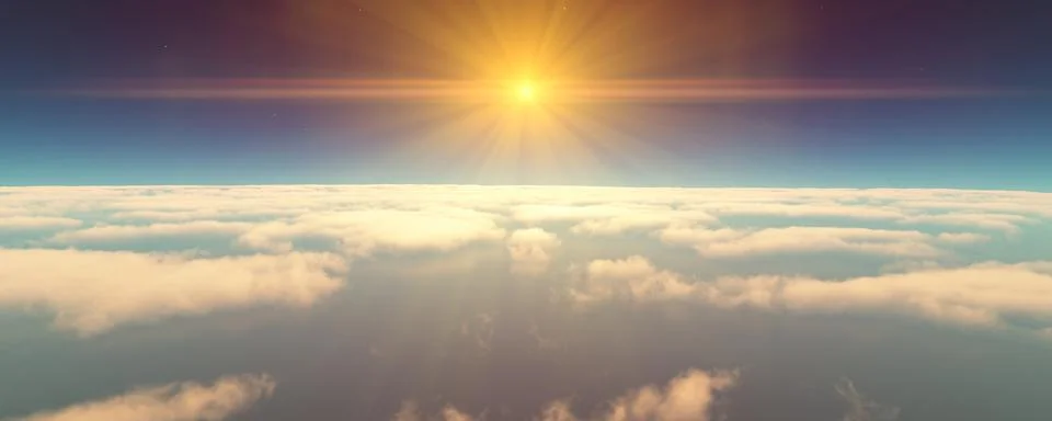 Fly above clouds sunset landscape 3d render Illustrazione stock