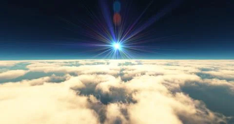 Fly above clouds sunset landscape 3d render Stock Illustration