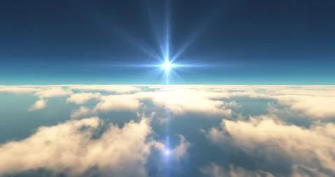 Fly above clouds sunset landscape 3d render Stock Illustration