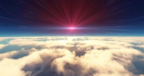 Fly above clouds sunset landscape 3d render Illustrazione stock