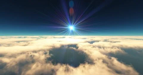 Fly above clouds sunset landscape 3d render Illustrazione stock