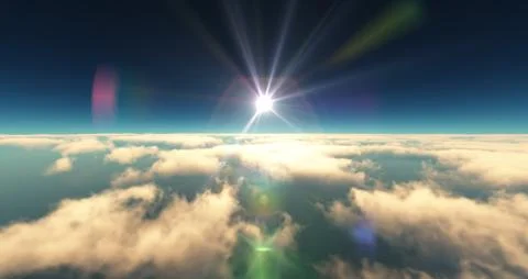 Fly above clouds sunset landscape 3d render Illustrazione stock