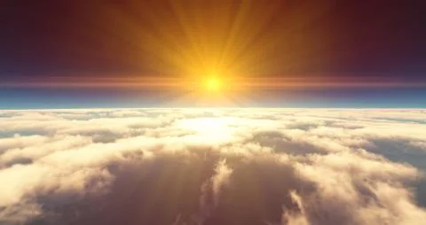 Fly above clouds sunset landscape 3d render Illustrazione stock
