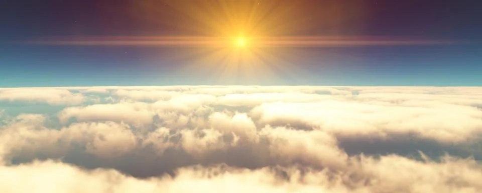 Fly above clouds sunset landscape 3d render Illustrazione stock