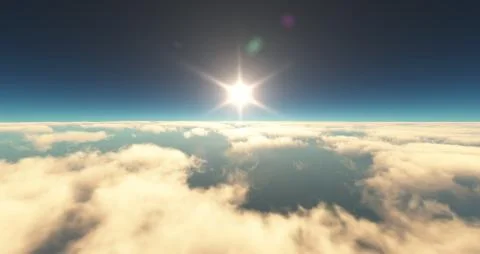 Fly above clouds sunset landscape 3d render Illustrazione stock