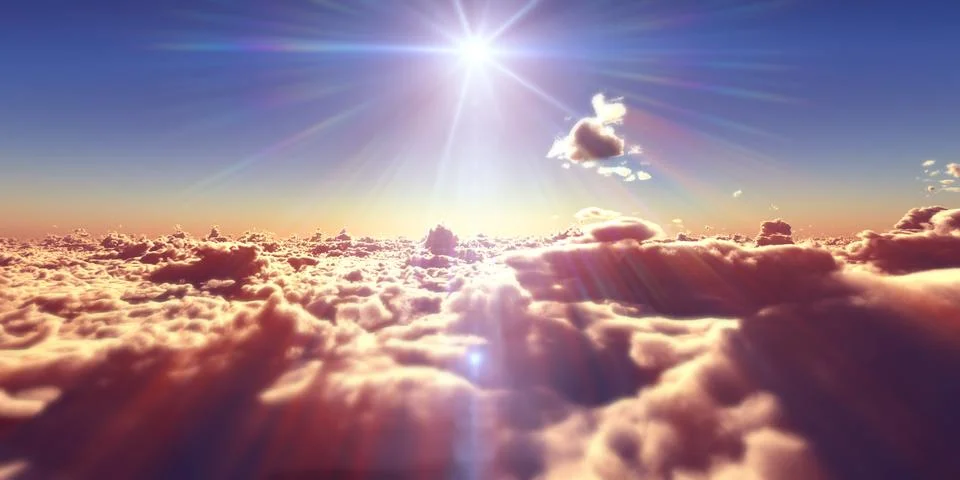 Fly above clouds sunset landscape Stockillustratie