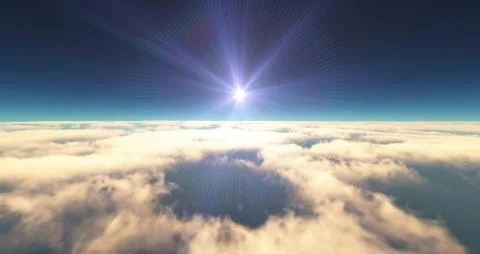 Fly above clouds sunset landscape 3d render Illustrazione stock