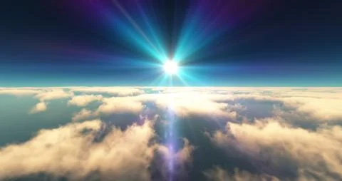 Fly above clouds sunset landscape 3d render Stock Illustration