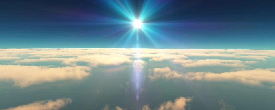 Fly above clouds sunset landscape 3d render Illustrazione stock