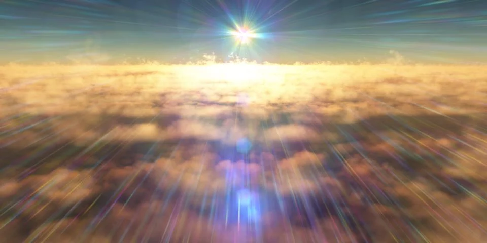 Fly above clouds sunset landscape Stock Illustration
