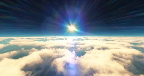 Fly above clouds sunset landscape 3d render Stock Illustration