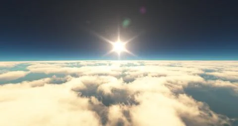 Fly above clouds sunset landscape 3d render Stock Illustration