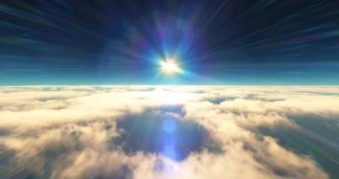 Fly above clouds sunset landscape 3d render Stock Illustration