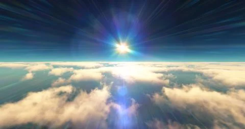 Fly above clouds sunset landscape 3d render Illustrazione stock