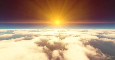 Fly above clouds sunset landscape 3d render Stock Illustration