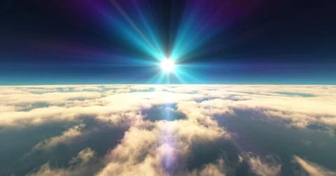 Fly above clouds sunset landscape 3d render Illustrazione stock