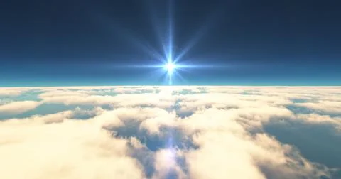 Fly above clouds sunset landscape 3d render Stock Illustration