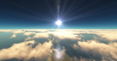 Fly above clouds sunset landscape 3d render Stock Illustration
