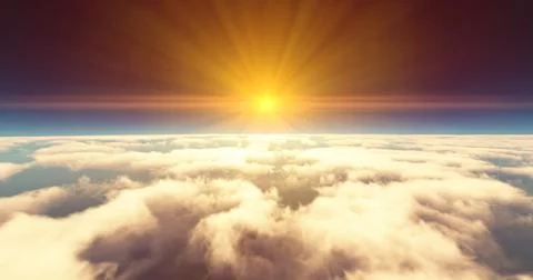 Fly above clouds sunset landscape 3d render 스톡 일러스트
