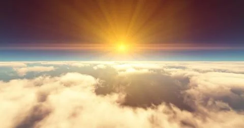 Fly above clouds sunset landscape 3d render Illustrazione stock