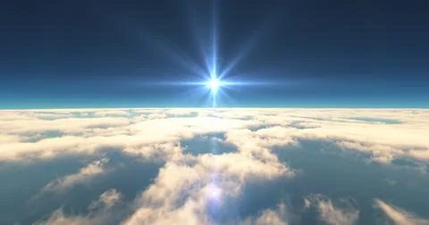 Fly above clouds sunset landscape 3d render Stock Illustration